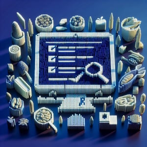 3D voxel art depicting online surveys related to the food industry on a dark blue background.