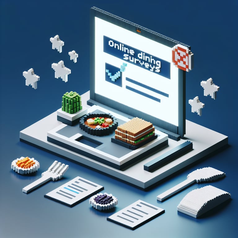 3D voxel art depicting the concept of online dining surveys with a dark blue background.