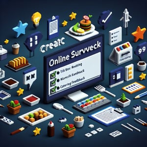 3D voxel art depicting online catering feedback survey process on a dark blue background.