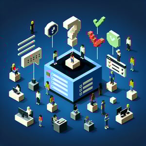 3D voxel art featuring online survey elements on a dark blue background, symbolizing needs assessment surveys.