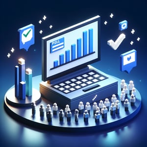 3D voxel art depicting online customer satisfaction survey concept on a dark blue background.