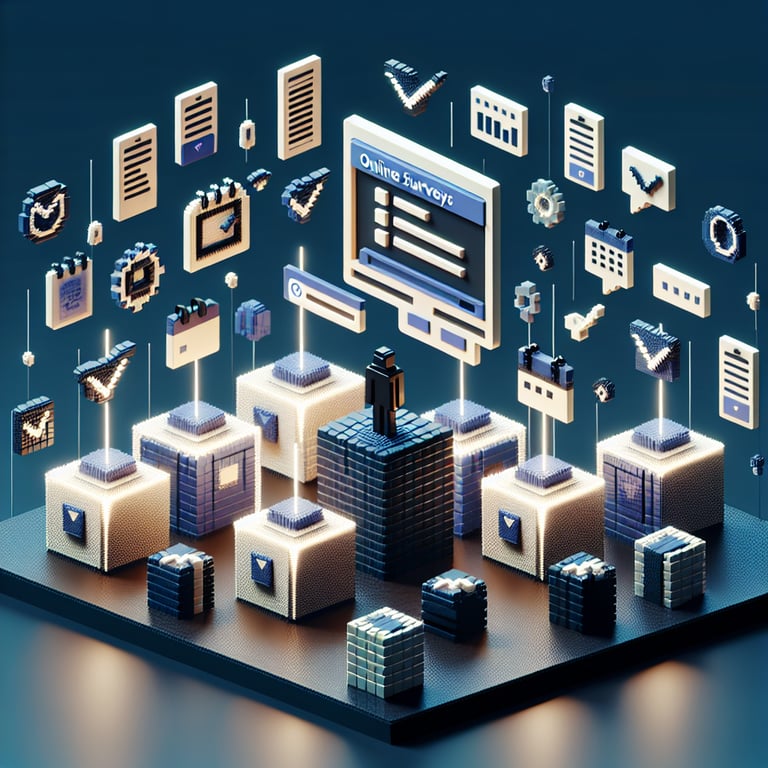 3D voxel art depicting the concept of online appointment surveys on a dark blue background.