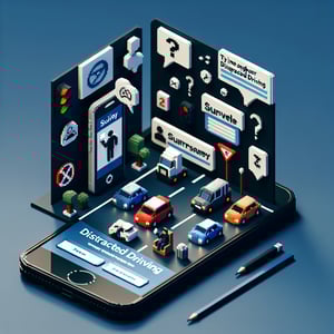 3D voxel art depicting online surveys on distracted driving, set against a dark blue background.