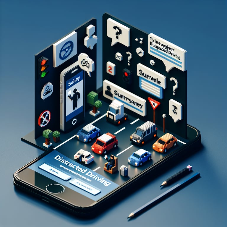 3D voxel art depicting online surveys on distracted driving, set against a dark blue background.