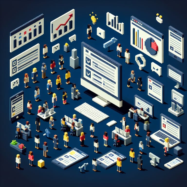 3D voxel art depicting online organizational assessment surveys on a dark blue background.