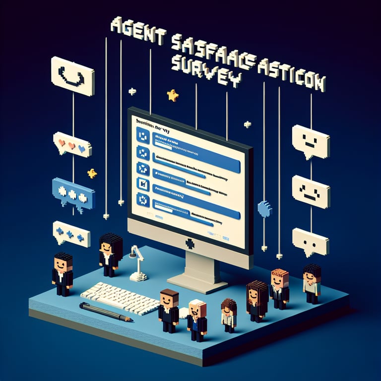 3D voxel art depicting the concept of online agent satisfaction surveys on a dark blue background.