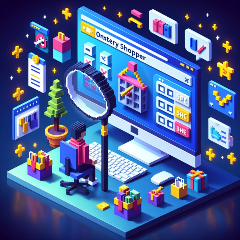 3D voxel art illustrating mystery shopper surveys, featuring engaging elements on a dark blue background.