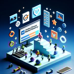 3D voxel art representing online fitness market research surveys on a dark blue background.