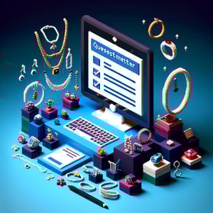 3D voxel art depicting online jewelry surveys with a dark blue background.