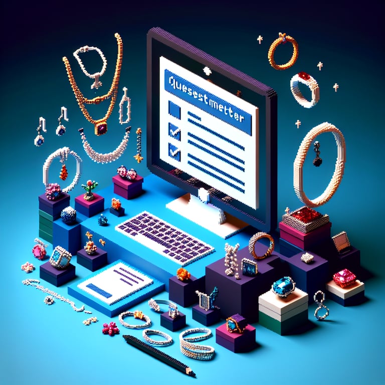 3D voxel art depicting online jewelry surveys with a dark blue background.