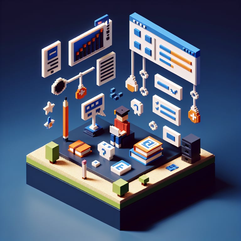 3D voxel art depicting online surveys, ideal for a college student survey landing page, on a dark blue background.