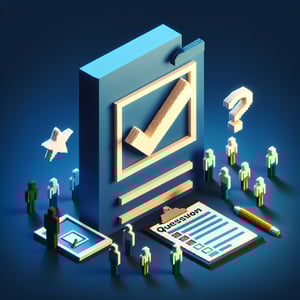 3D voxel art depicting online surveys, suitable for a software pilot survey landing page, on a dark blue background.