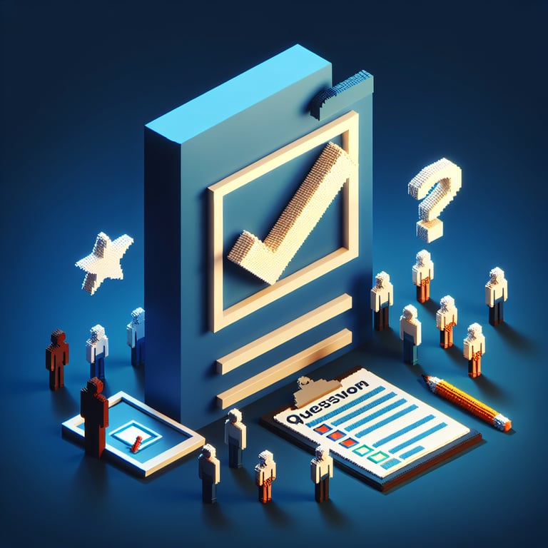 Artistic 3D voxel art illustrating software pilot survey questions