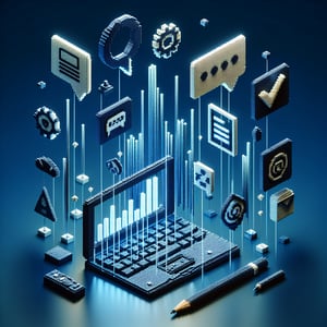 3D voxel art depicting online surveys, with a dark blue background, symbolizing software evaluation.