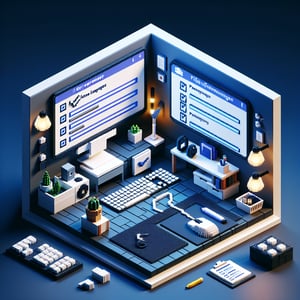 3D voxel art depicting online home language survey process on a dark blue background.