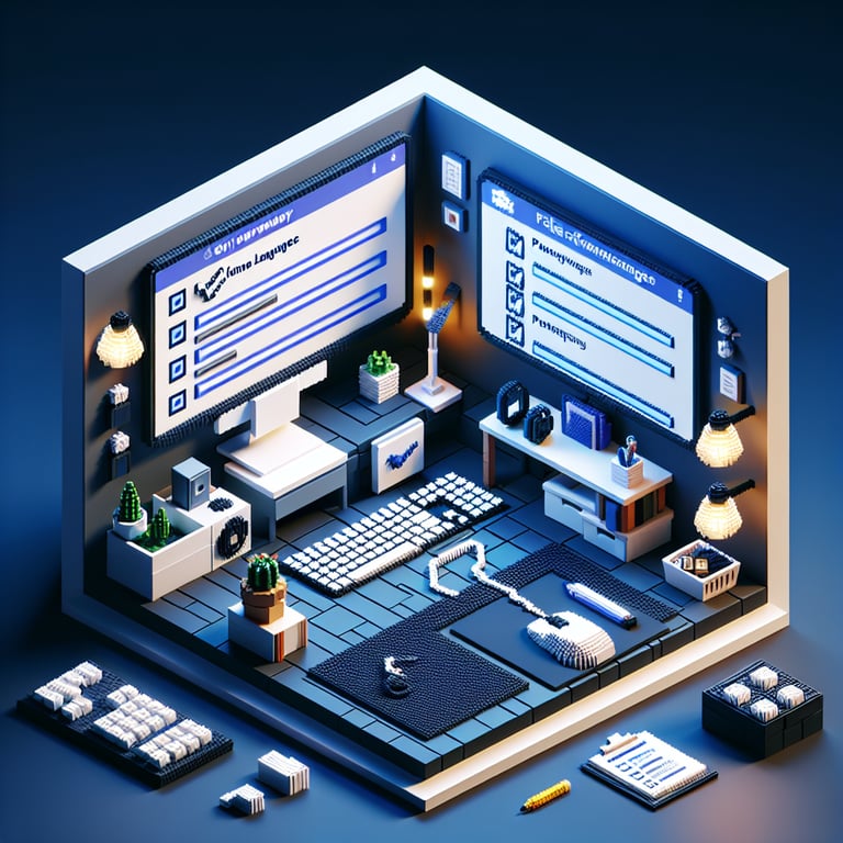3D voxel art depicting online home language survey process on a dark blue background.