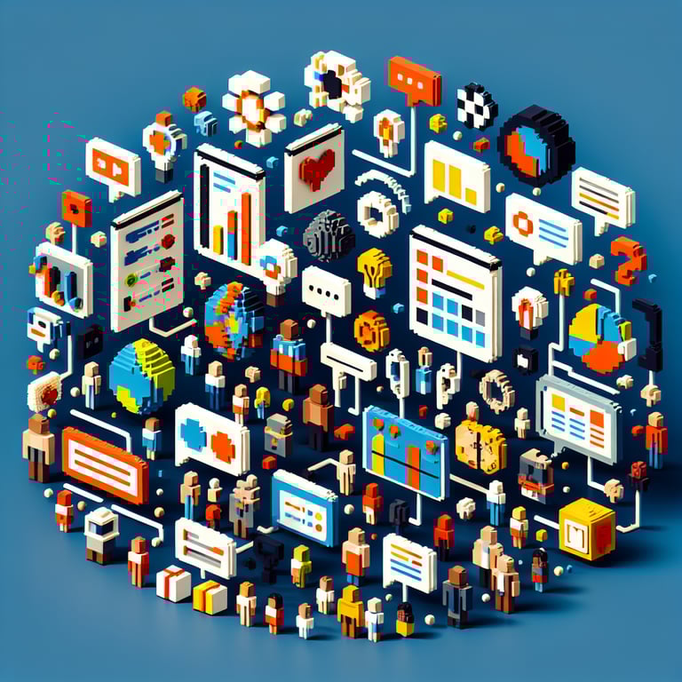 3D voxel art depicting online cultural diversity surveys on a dark blue background.