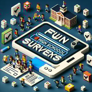 3D voxel art depicting engaging online surveys, set against a dark blue background.