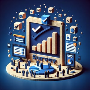 3D voxel art illustrating the concept of online ignorance surveys on a dark blue background.