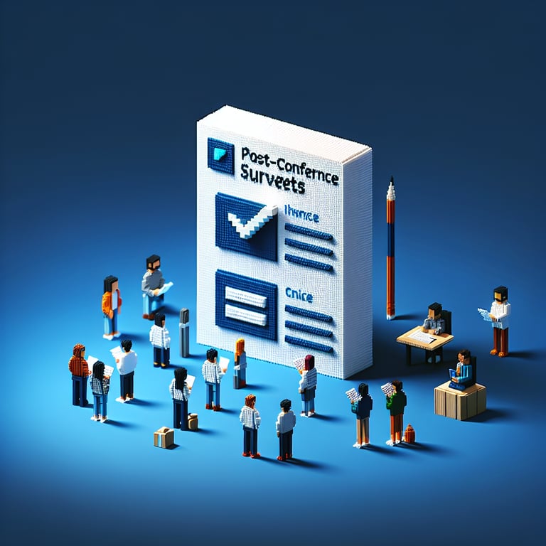 3D voxel art depicting online surveys, symbolizing best post conference survey questions.