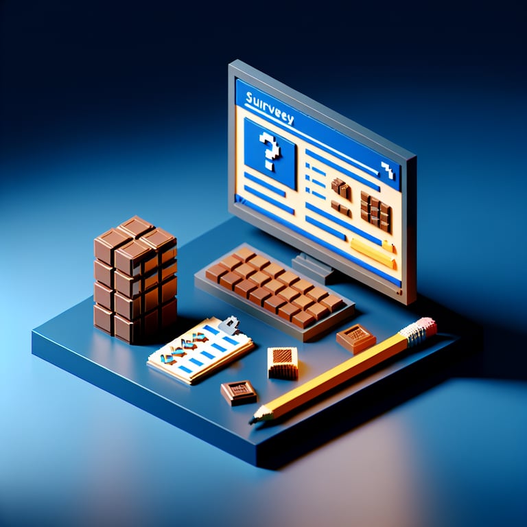 3D voxel art featuring symbols for online surveys, alluding to chocolate-related inquiries, on a dark blue background.