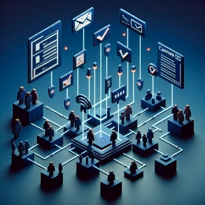 3D voxel art depicting online organizational communication surveys against a dark blue background.