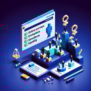 3D voxel art depicting online gender equality survey with a dark blue background.