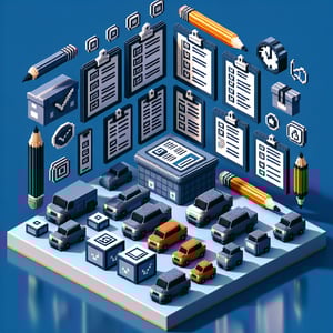3D voxel art featuring online survey icons, question marks, and car elements on a dark blue background.