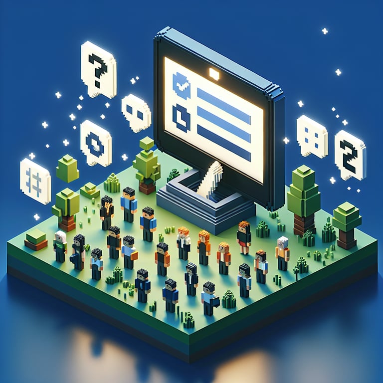 3D voxel art depicting online age group surveys, featuring engaging elements on a dark blue background.