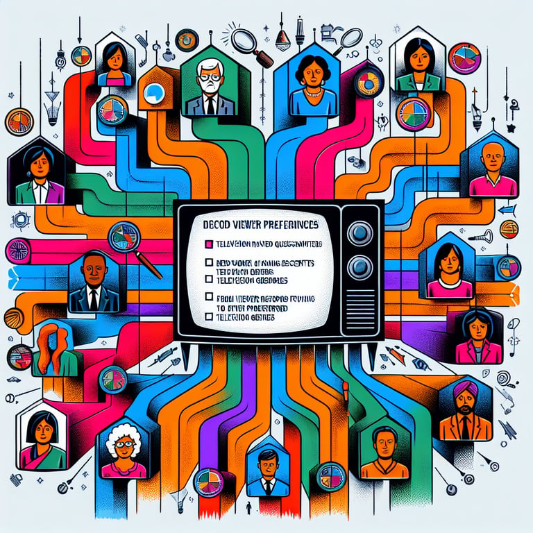 Illustration demonstrating hot topics for television survey questions to decode viewer preferences.