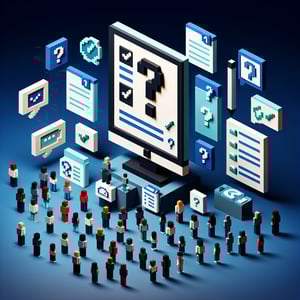 3D voxel art illustrating the concept of online surveys on a dark blue background.
