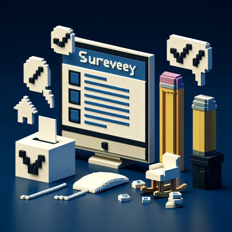 3D voxel art depicting online retirement planning surveys on a dark blue background.