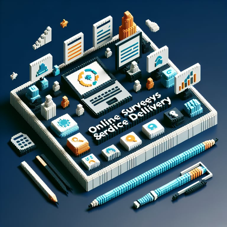 3D voxel art depicting online HR service delivery survey process on a dark blue background.
