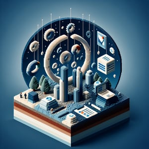 3D voxel art depicting online surveys, suitable for a b2b landing page, on a dark blue background.