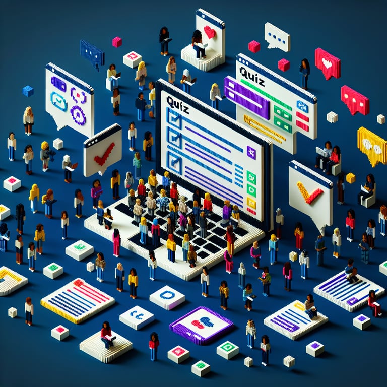 3D voxel art depicting online course surveys with engaging elements on a dark blue background.