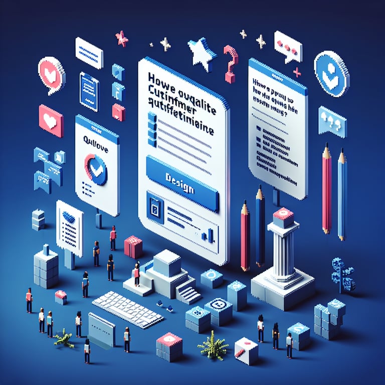 3D voxel art depicting online surveys, symbolizing customer satisfaction, on a dark blue background.