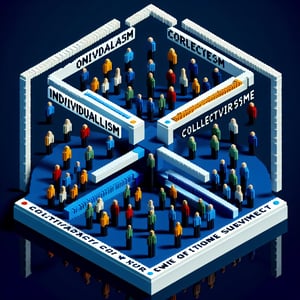3D voxel art depicting online survey concept, themed around individualism vs collectivism.