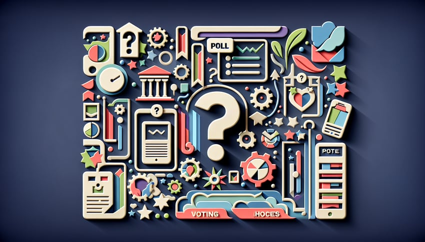 Paper-cut style illustration depicting diverse town hall survey questions on vibrant backgrounds.