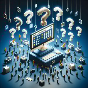 3D voxel art depicting the concept of online facilitator evaluation surveys on a dark blue background.