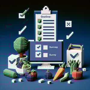3D voxel art depicting online vegetarian survey concept on a dark blue background.