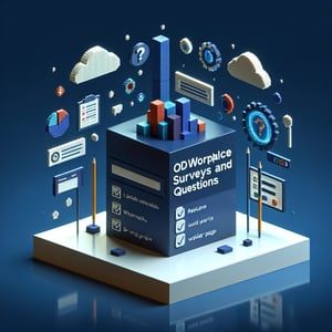 3D voxel art depicting the concept of online workplace surveys on a dark blue background.