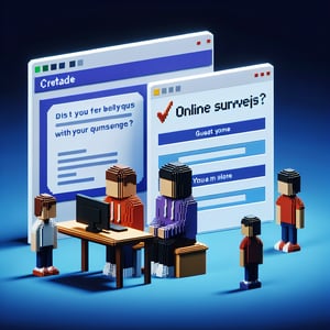 3D voxel art depicting an online survey concept, focused on bullying, with a dark blue background.
