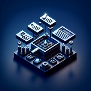 3D voxel art depicting the concept of online surveys for data science pre-screening hiring process on a dark blue background.