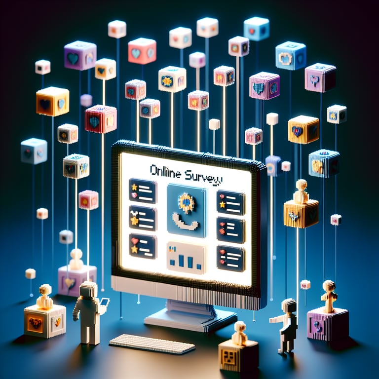 3D voxel art depicting online boutique survey concept on a dark blue background.