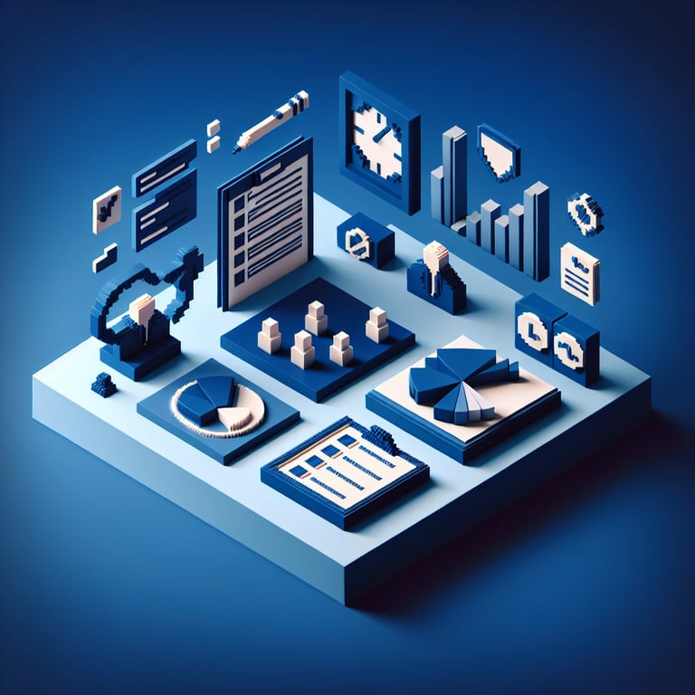 3D voxel art depicting online employment type survey process on a dark blue background.