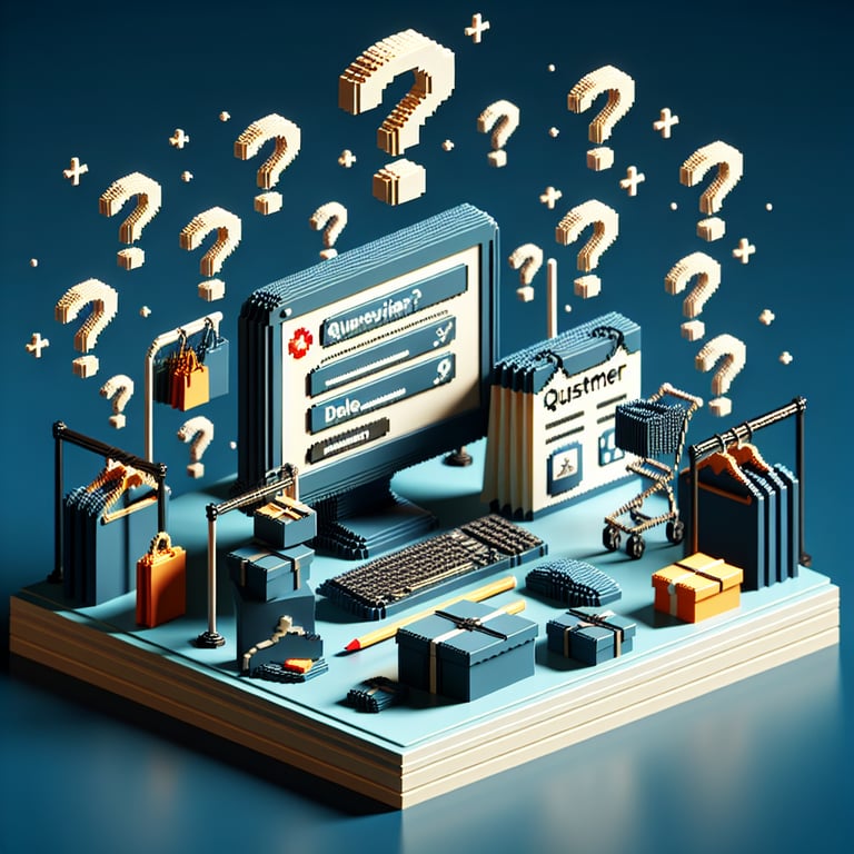 3D voxel art depicting online retail customer surveys and questions on a dark blue background.