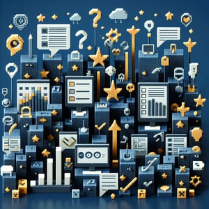 3D voxel art depicting online service feedback surveys on a dark blue background.