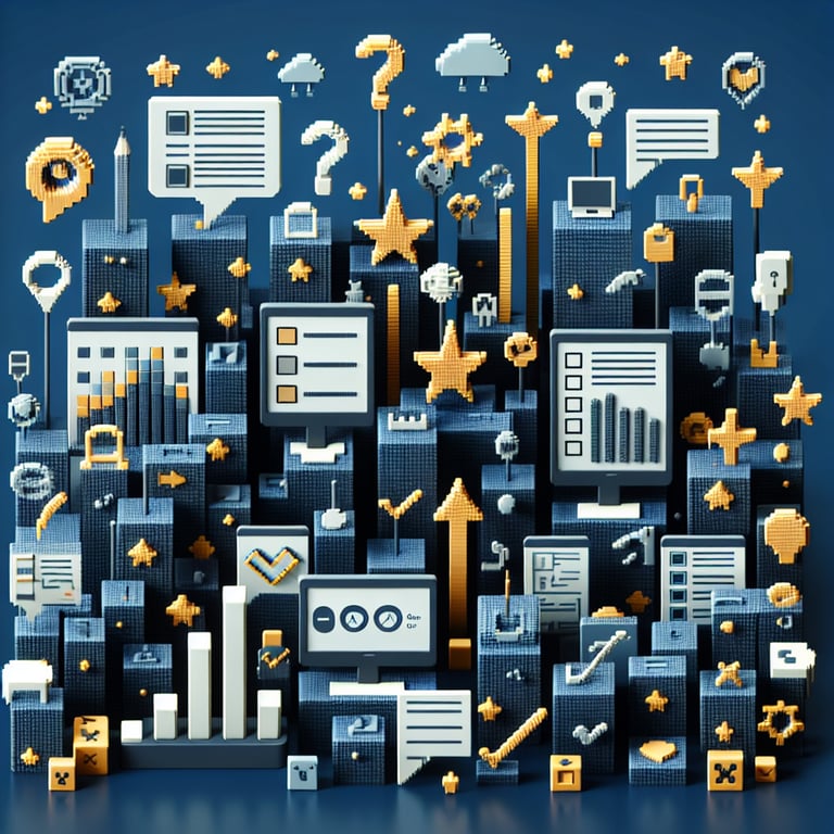 3D voxel art depicting online service feedback surveys on a dark blue background.