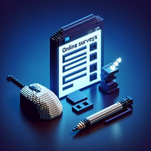 3D voxel art depicting the concept of online surveys and questions on a dark blue background.