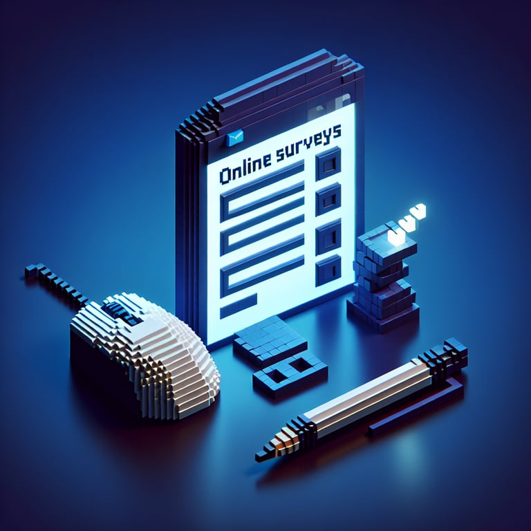 3D voxel art depicting the concept of online surveys and questions on a dark blue background.